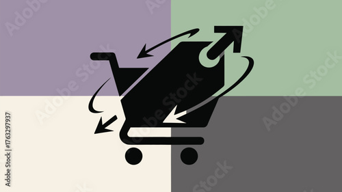 A shopping cart filled with items and a tag on a diagonally split color background illustration art
