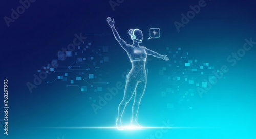 Futuristic digital health concept with woman figure, representing advanced technology in healthcare, personalized medicine, and data driven wellness solutions