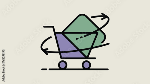 A shopping cart illustration on a checkered background with purple green and beige squares design