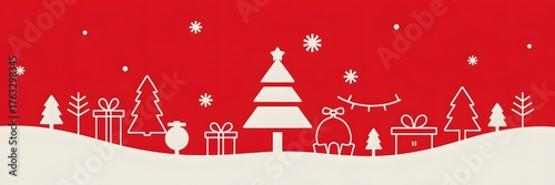 Minimalist Christmas holiday background with elegant trees, gifts, snowflakes on a vibrant red canvas, festive winter scene, modern design, copy space, season's greetings.