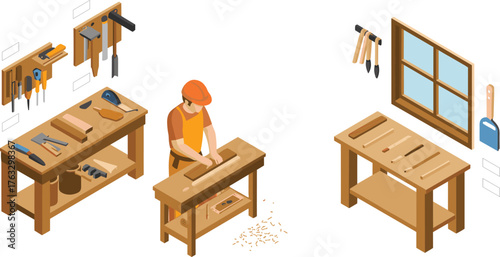 Isometric 3D illustration of a woodworking workshop with carpenter, tools, benches, saws, and wooden planks for craftsmanship design