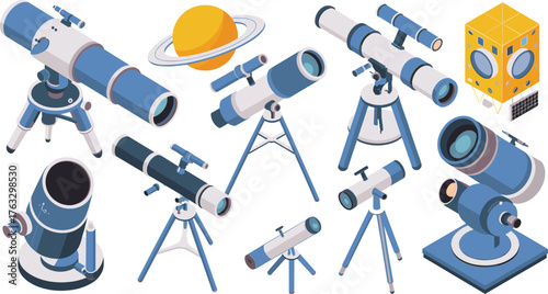Isometric 3D illustration of astronomy telescopes, observatory dome, satellite, and planet, scientific research, space exploration, and astrophysics observation equipment
