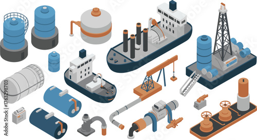 Isometric 3D illustration of oil and gas industry equipment, storage tanks, pipelines, ships, drilling rigs, and refinery components design