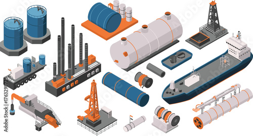 Isometric 3D illustration of oil and gas industry equipment, storage tanks, pipelines, ships, drilling rigs, and refinery components design