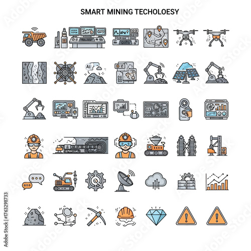 Comprehensive collection of industrial mining and excavation icons, featuring heavy machinery, worker tools, raw materials, and underground structures for resource extraction and construction projects
