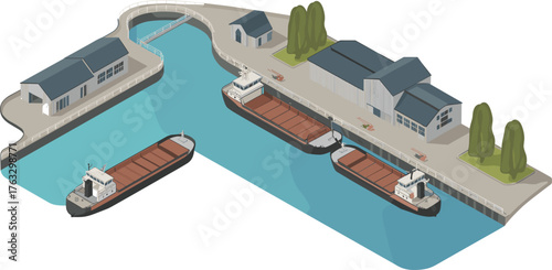 Isometric 3D illustration of river port with cargo ships, docks, warehouses, and loading area for industrial transport and shipping logistics