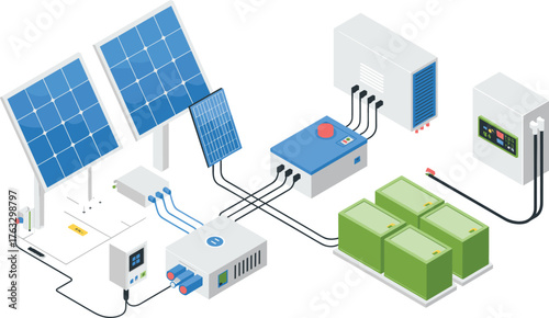 Isometric 3D illustration of solar power system with panels, batteries, inverters, and energy control units for renewable electricity generation