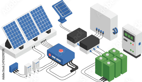 Isometric 3D illustration of solar power system with panels, batteries, inverters, and energy control units for renewable electricity generation