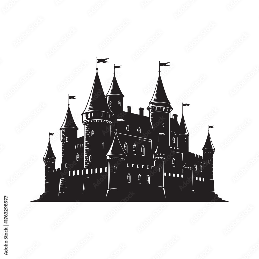 Obraz premium Black Silhouette of a Spooky Medieval Castle dark