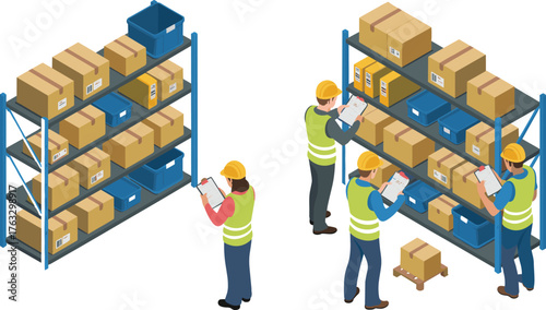 Isometric 3D illustration of warehouse inventory management with workers checking shelves, boxes, logistics storage, and industrial supply chain organization