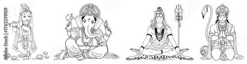 Hindu Deities Line Art Vector Set Krishna Ganesha Shiva Hanuman Monochrome Outline Illustration