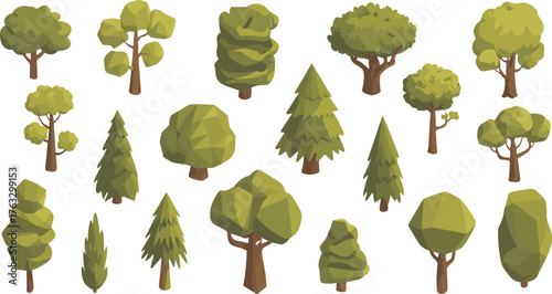 Set of 20 isometric cartoon trees, stylized nature illustration, green forest elements, landscape design, and eco environment decoration graphics