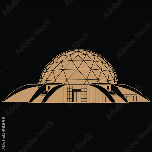 Geodesic dome building with arched entrances on black background