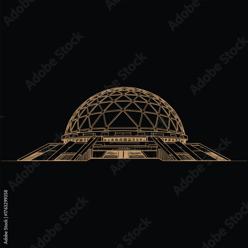 Geodesic dome structure outline on black background