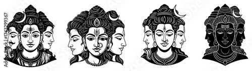 Lord Shiva heads set as Trimurti Hindu god face vector illustration for spiritual and tattoo design