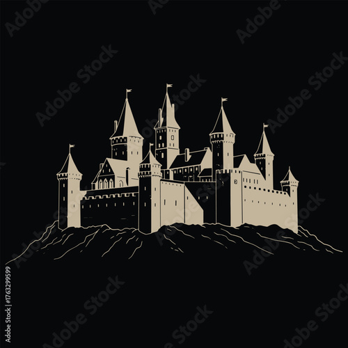 Medieval castle on a hill outline on black background