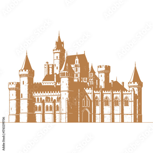 Ornate medieval castle illustration in sepia tones