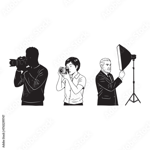 Photographers with camera and lighting equipment illustration