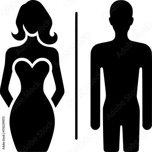 Gender Silhouette: A stylized depiction of a male and female form, separated by a vertical line, representing a public space.