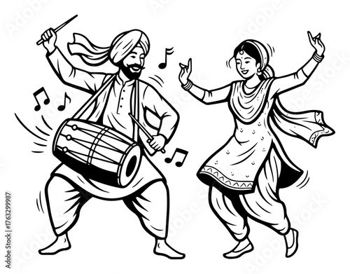 Bhangra Punjabi Dance Couple With Dhol Drum Line Art Vector Indian Folk Celebration Illustration
