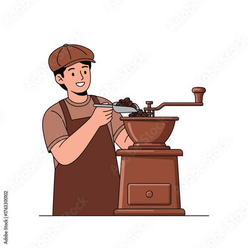 Smiling barista preparing fresh coffee beans with vintage grinder