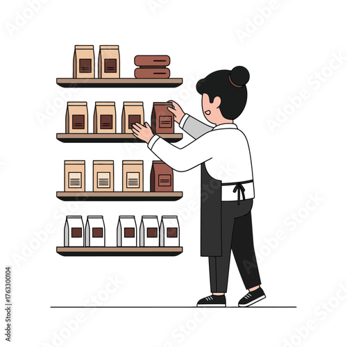 Barista arranging coffee bags on shelves in a modern cafe interior