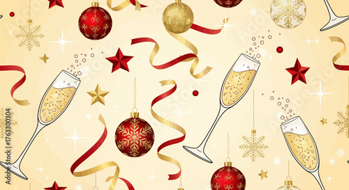 Festive seamless pattern for Christmas and New Year with champagne, red baubles, and golden snowflakes