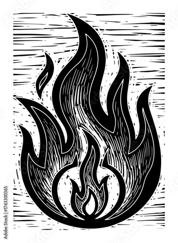 Sacred Fire Flame Bonfire Woodcut Engraving Line Art Vector Monochrome Illustration