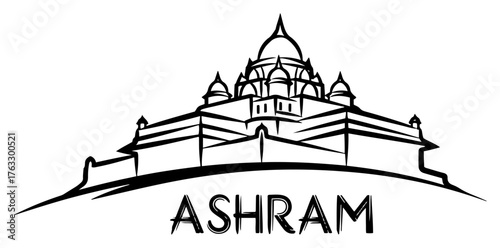 Ashram Temple Logo Line Art Vector Spiritual Retreat Monastery Architecture Emblem