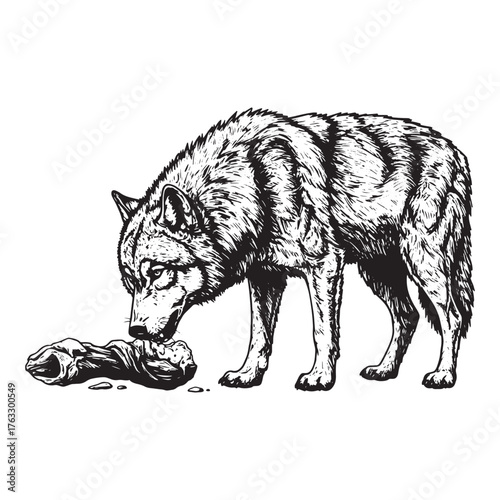 Wolf eating a large bone on a white background animal