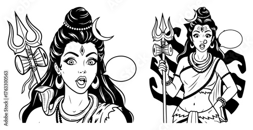 Hindu Goddess With Trident Comic Style Portrait Line Art Vector Durga Parvati Mythology Illustration
