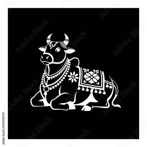 Decorated Indian sacred cow Nandi bull White stencil vector for Pongal or spiritual design