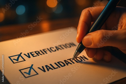 Hand holding pen checks boxes beside verification and validation text on paper under warm desk lamp glow