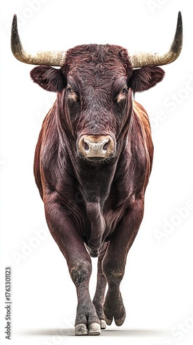 Powerful Brown Bull Charging Forward Close Up Isolated on White Background Studio Shot Strength and Determination
