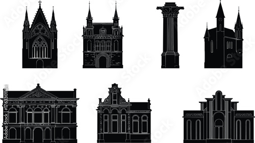 Black Silhouettes of Architectural Structures from Gothic, Classical, Baroque to Art Deco Styles, Isolated on White Background, Vector Illustration