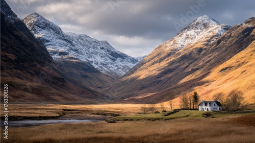 Scenic Glencoe Valley View of Scottish Highlands with Quaint Cottage and Snow Capped Mountains