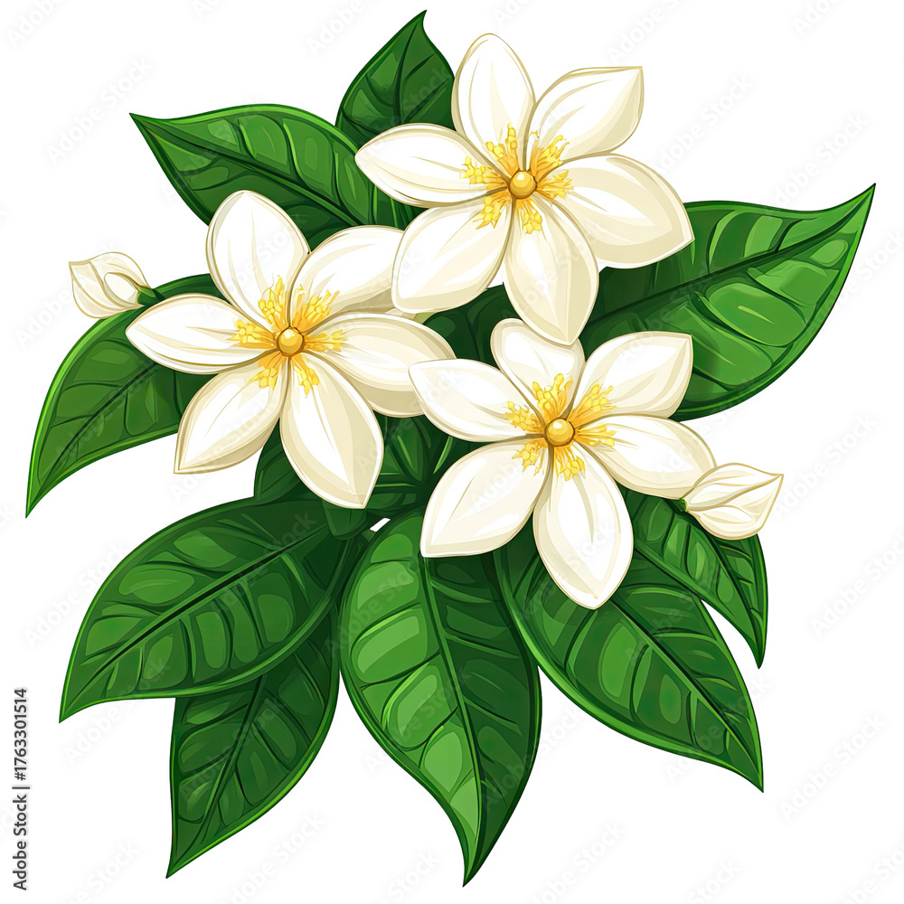 Naklejka premium White blossoms & green leaves, beautiful botanical art