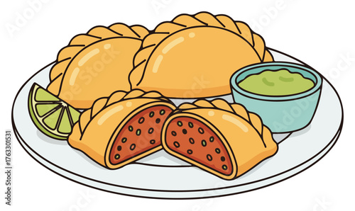 Indian Samosa Plate With Chutney Lime Vector Color Food Illustration
