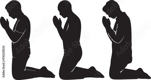 Three men kneeling in prayer silhouette devotion