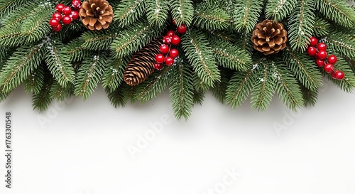 Festive christmas garland with pine cones and red berries draped across a white background perfect for holiday decorations and seasonal greetings