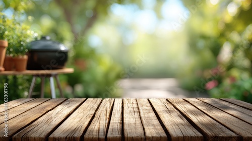 Rustic Wooden Tabletop with Blurred Summer Garden Background for Product Display or Outdoor Cooking Scene with Grill