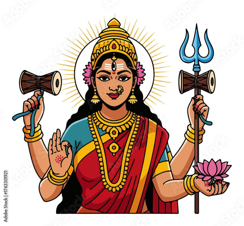 Hindu Goddess Parvati with Trishula and Damaru Colorful cartoon vector illustration for spiritual design