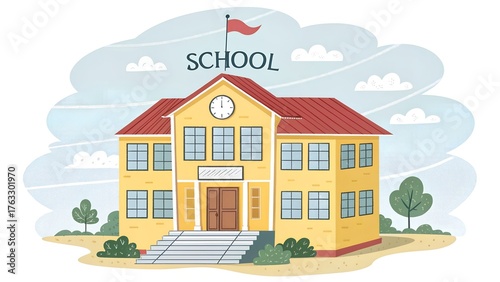 Cartoon illustration of a yellow school building with a red roof and a clock on the front facade
