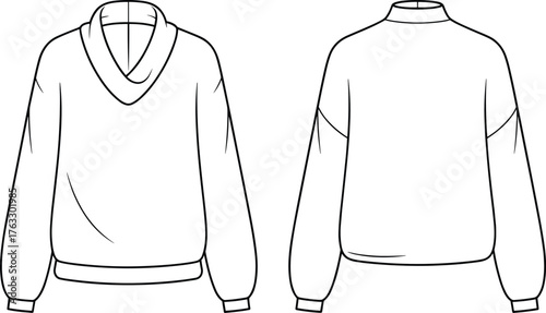 Sweatshirt vector illustration, front hooded and back high collar design, long sleeve casual wear, fashion CAD drawing, apparel flat sketch