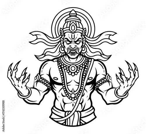 Fierce Hiranyakashipu Asura demon from Hindu mythology Line art vector for coloring or tattoo