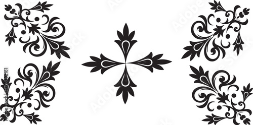 Black and White Vintage Floral Calligraphy Corner Ornament Set