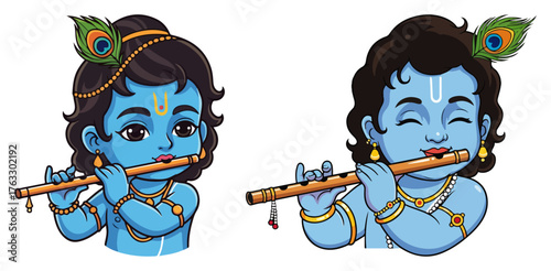 Cute Baby Krishna Playing Flute With Peacock Feather Vector Cartoon Hindu God Illustration