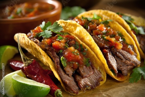 Authentic beef tacos close up shot with salsa cilantro lime and chili peppers delicious Mexican food