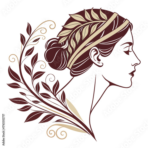 Illustration of a woman's profile with brown hair, tan laurel, and leaves. The image is likely being uploaded to Adobe Stock.


