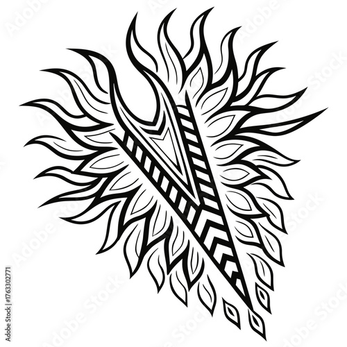 An ornate, stylized vector illustration depicts a pattern. The dark lines suggest tribal art or decorative design. It appears to be a design for clothing.

